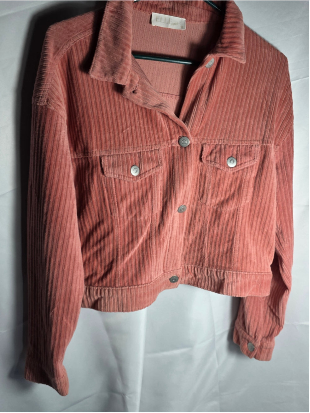 Women's Elle Pink coral Corduroy Button-Up Crop Jacket M cozy fall boho-chic